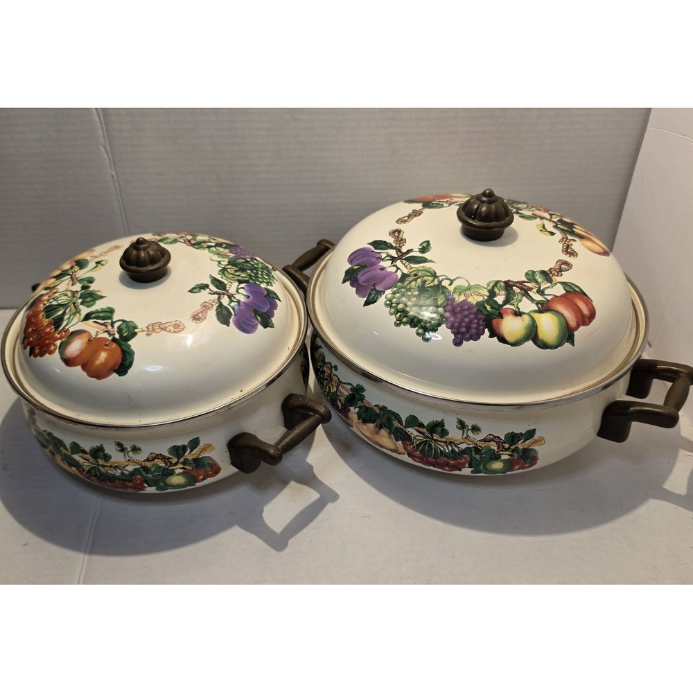 Tabletops Unlimited Vitroceramic Fruit Enamelware Dutch Oven Pot Set of 2 Lids